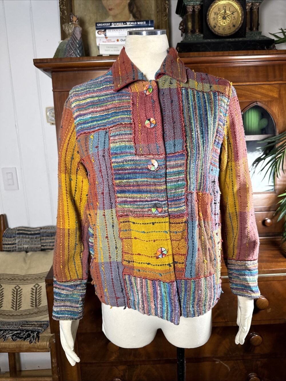 Vintage TravelSmith Patchwork Woven Jacket Cotton Boho Artsy Wearable Art Multi